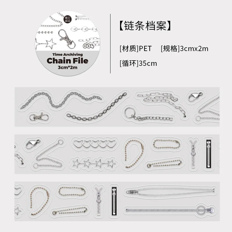 Decorative adhesive tapes set with assorted silver chain designs for journaling, memory filing, 3cm×2m