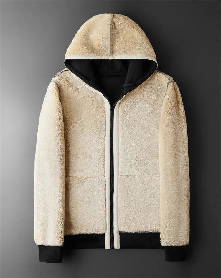 Beige sherpa fleece hooded jacket with front zip, black cuffs and hem; unisex