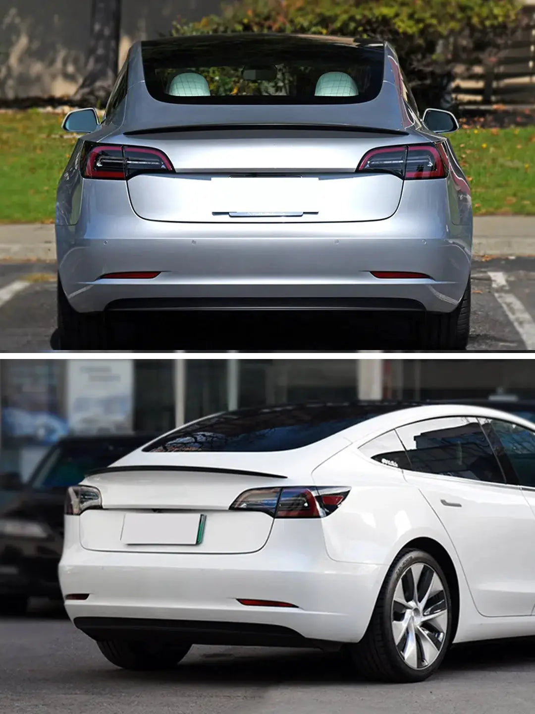 Rear trunk spoiler wing for Tesla Model 3/Y 2016-2023; two cars shown in silver and white