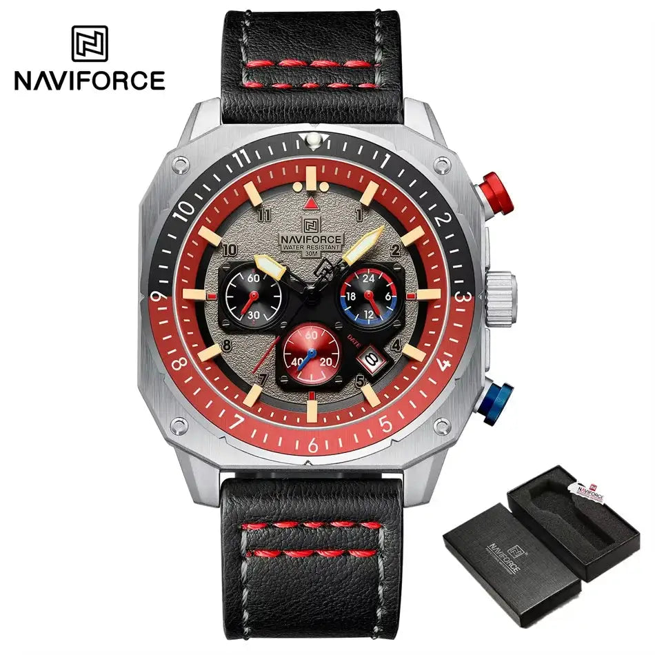 Naviforce men's sports multifunction waterproof watch with red bezel, black leather strap and chronograph subdials