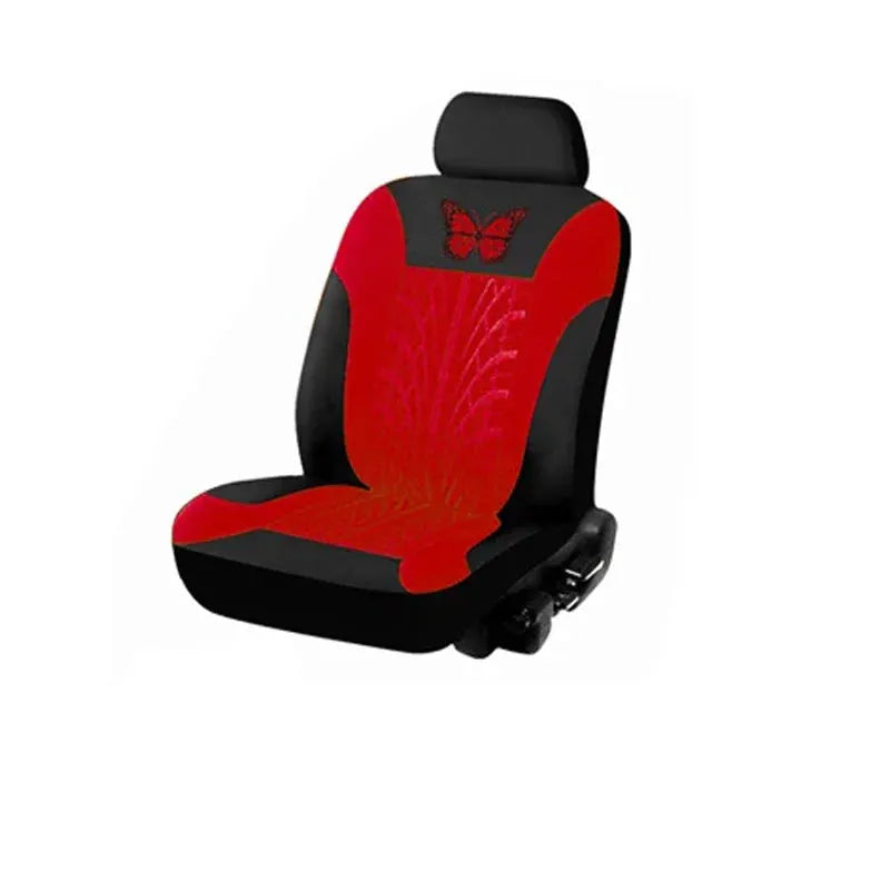 Car seat cover full set with red center, black side panels and butterfly embroidery