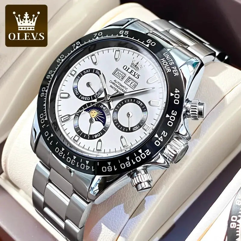 OLEVS stainless steel men's automatic watch with white dial, black bezel, luminous markers, and multiple subdials