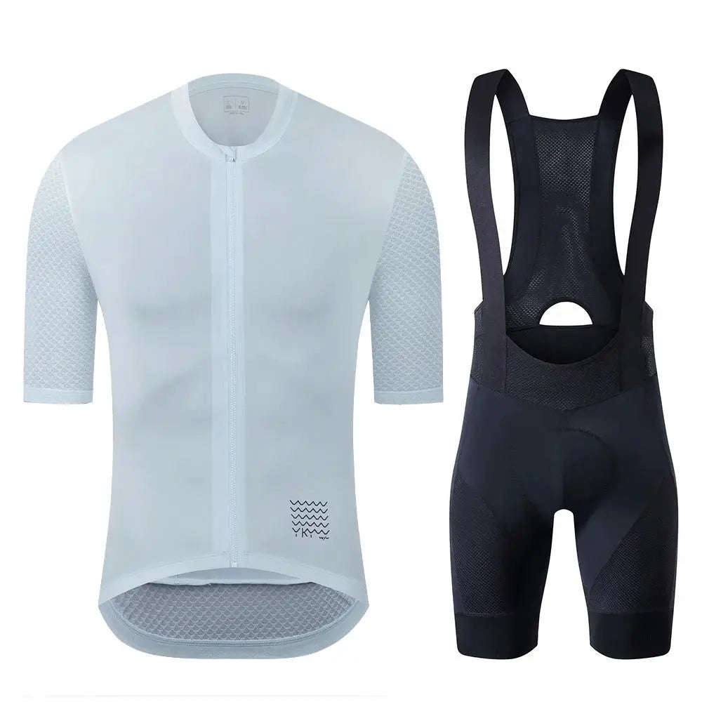 YKYWBIKE two-piece cycling jersey set: light-blue jersey with mesh sleeves and black bib shorts