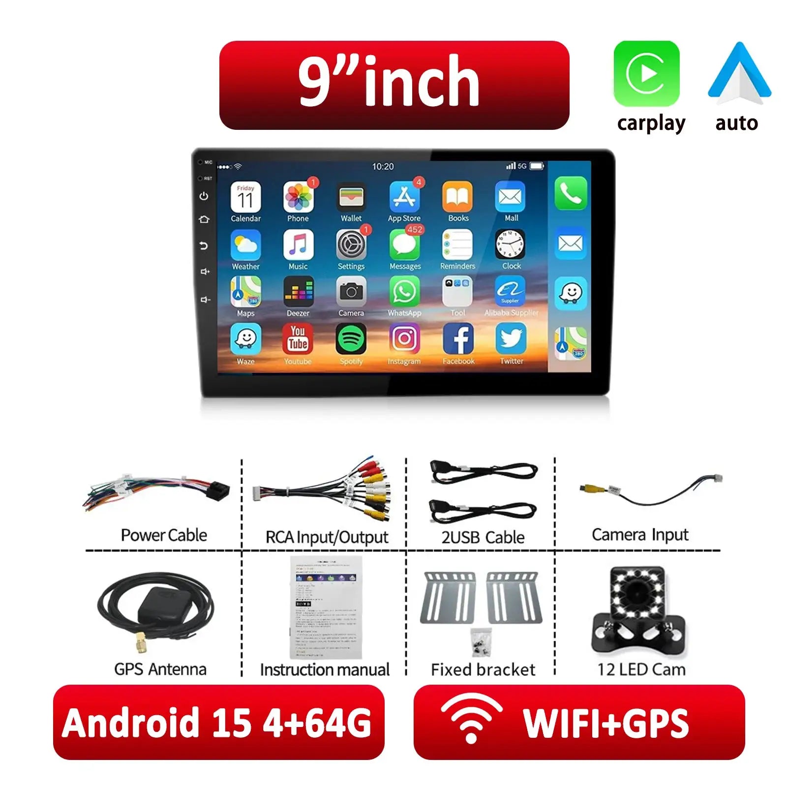 9-inch Android CarPlay head unit; 2-DIN car stereo with GPS, Wi‑Fi, Bluetooth, glass screen (Simples Market ESSGOO)