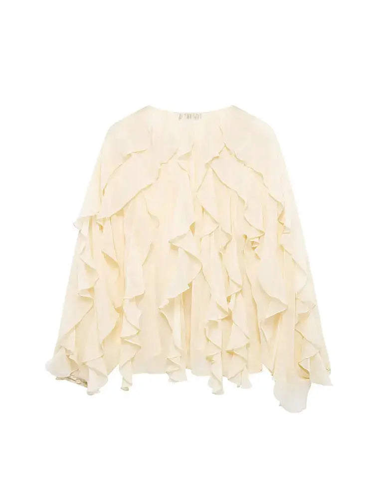 Women's ivory ruffled blouse with cascading layered frills, long sleeves, loose fit