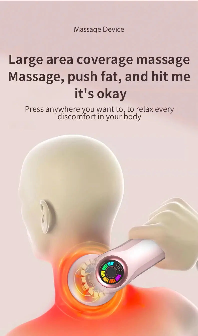 Cordless neck and shoulder massager with a white handheld unit and colorful dial