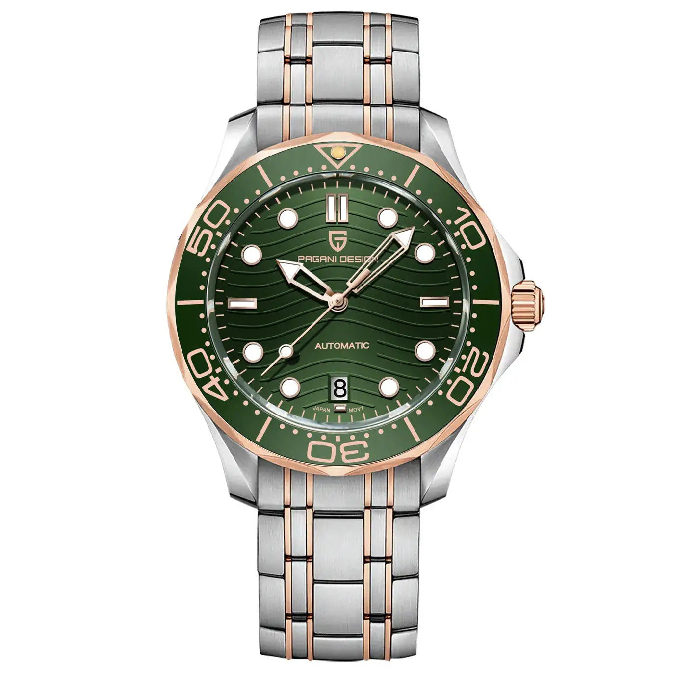 Pagani Design men's automatic wristwatch with green dial, rose-gold bezel, Miyota 8215, two-tone steel bracelet