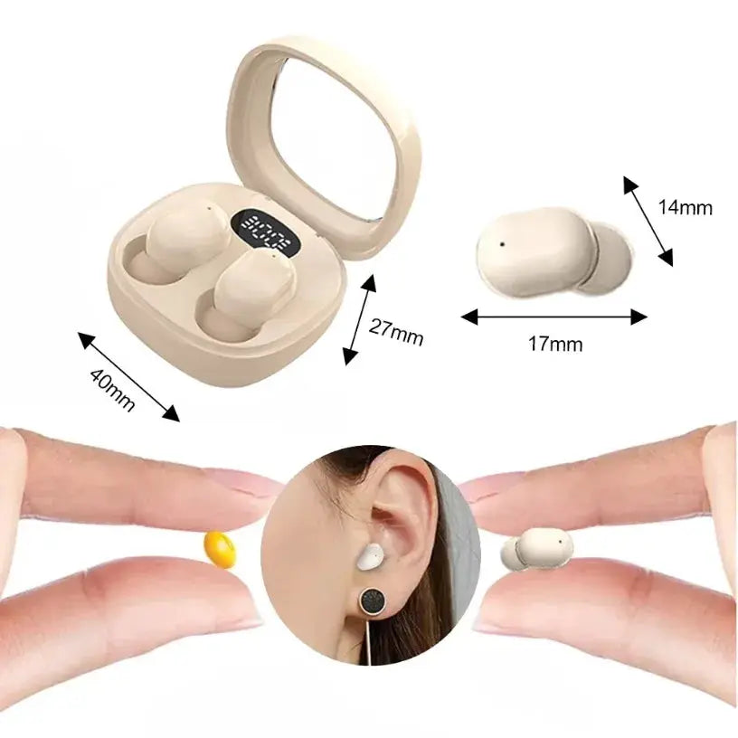 VIKEFON Bluetooth 5.3 mini wireless earbuds in beige charging case; Simples Market TWS stereo buds with microphone
