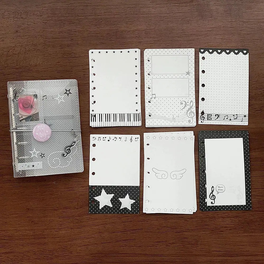 M5 music-themed binder notebook set by Simples Market with white pages, polka-dot covers, tie closure