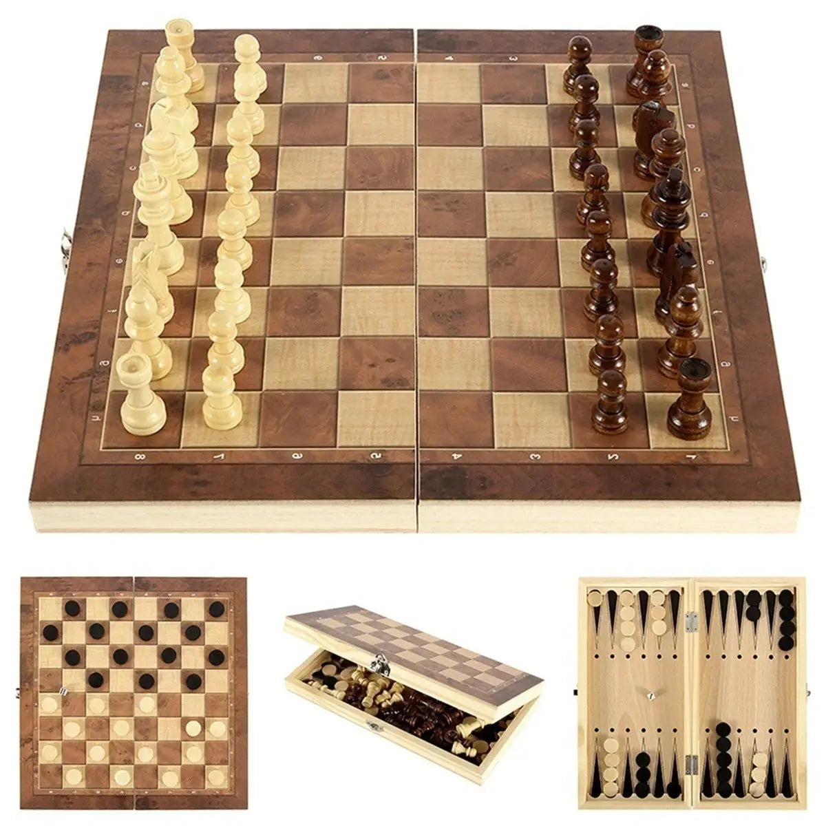 New 3 In 1 Wooden Checkers Backgammon And Chess Set With Portable Folding Board For Travel