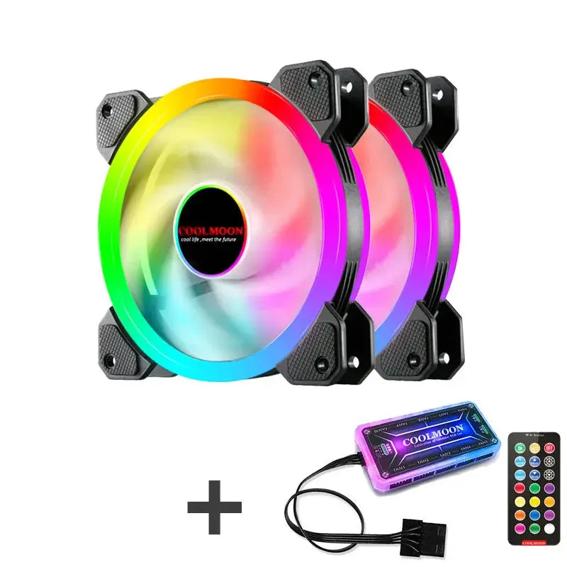 COOLMOON 120mm RGB PC cooling fans with IR remote, dual-fan kit