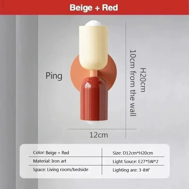 Nordic LED wall lamp with beige and red double-head design for living room or bedside.
