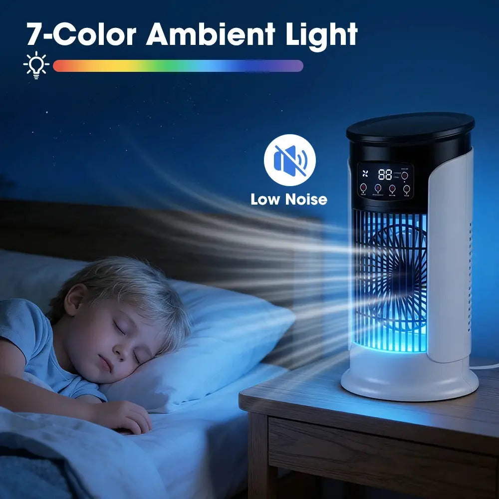 Portable air conditioner fan by Simples Market, white unit with misting humidifier, USB powered, 6 speeds, LED display