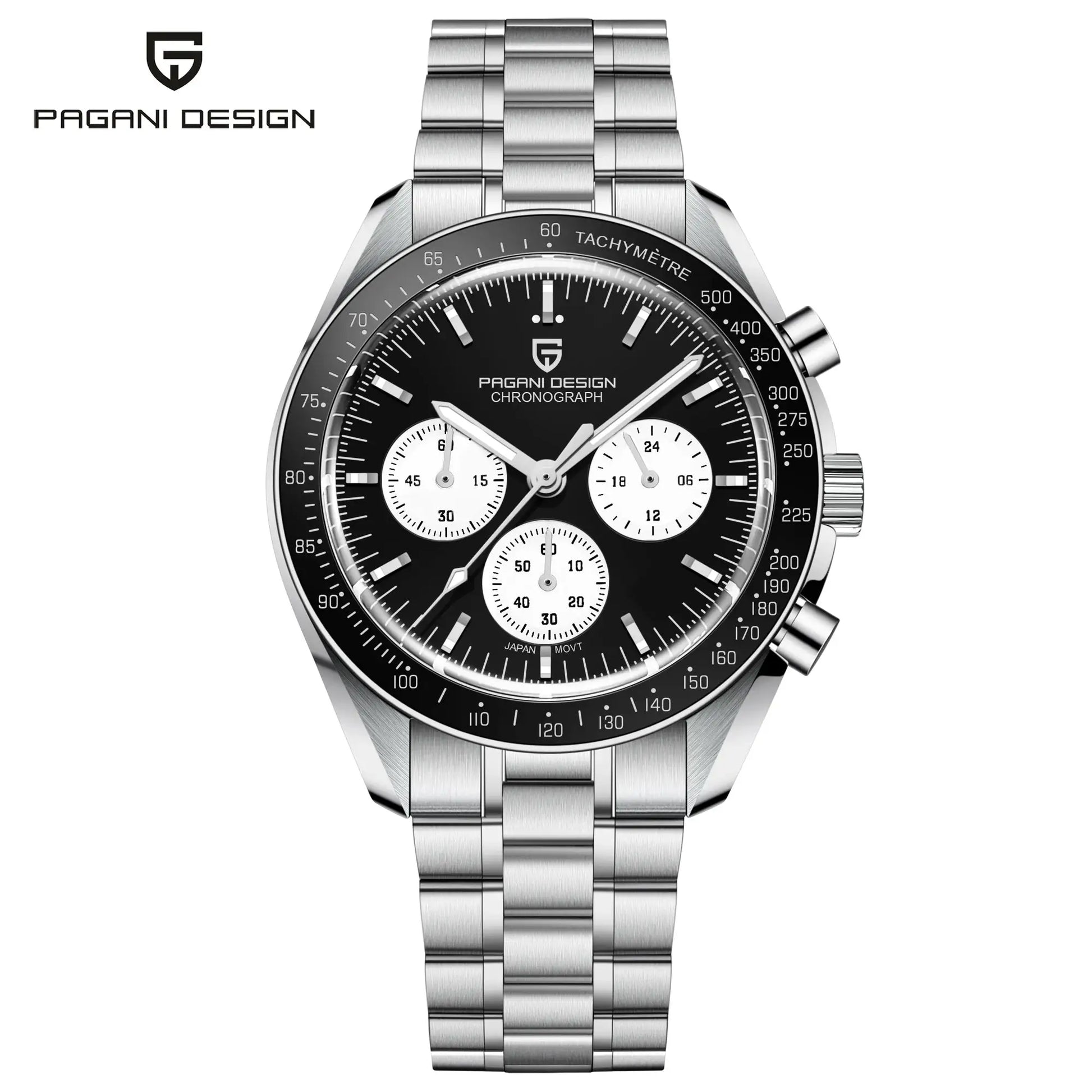 Pagani Design men's stainless steel chronograph watch with black dial, ceramic bezel and AR sapphire