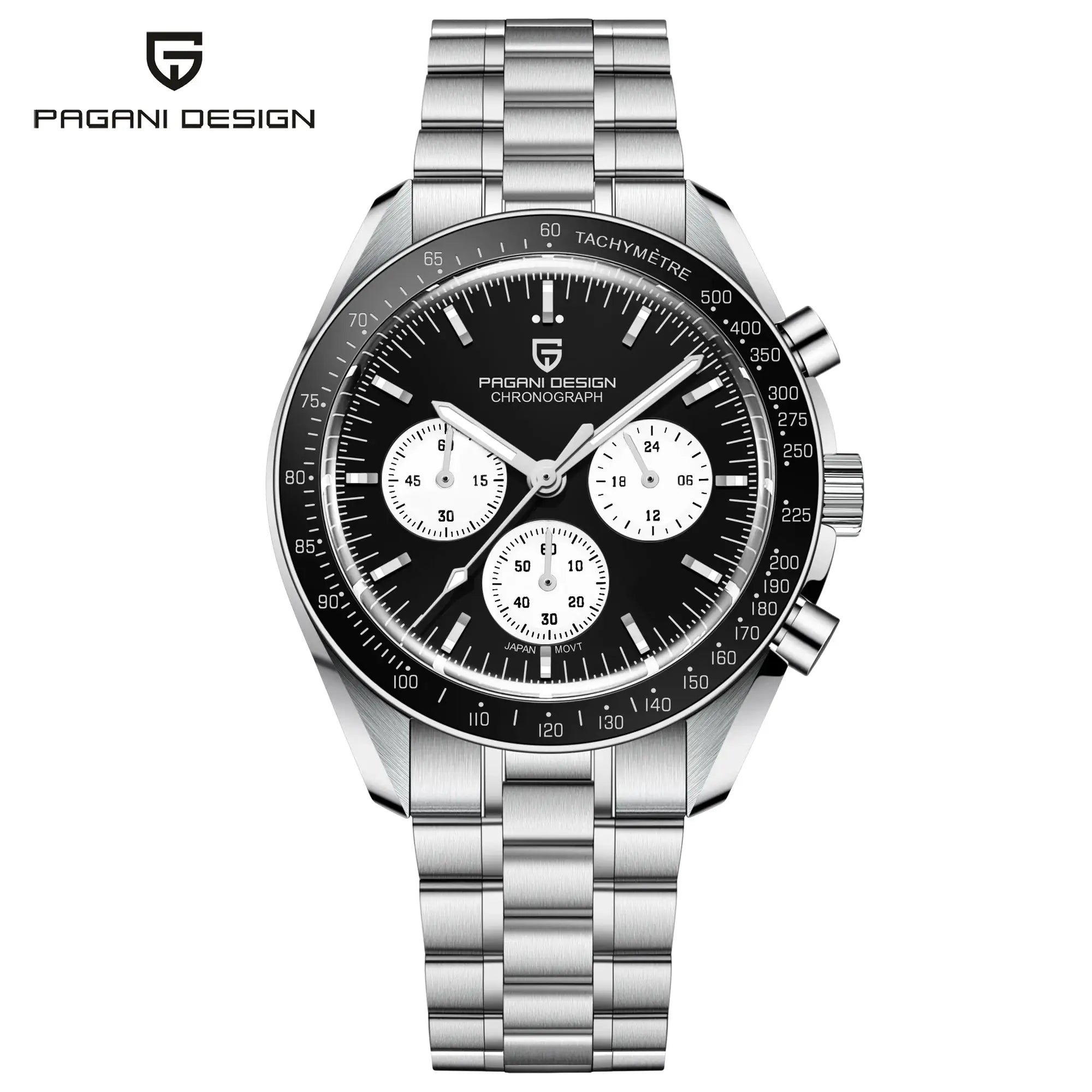 Pagani Design men's stainless steel chronograph watch with black dial, ceramic bezel and AR sapphire