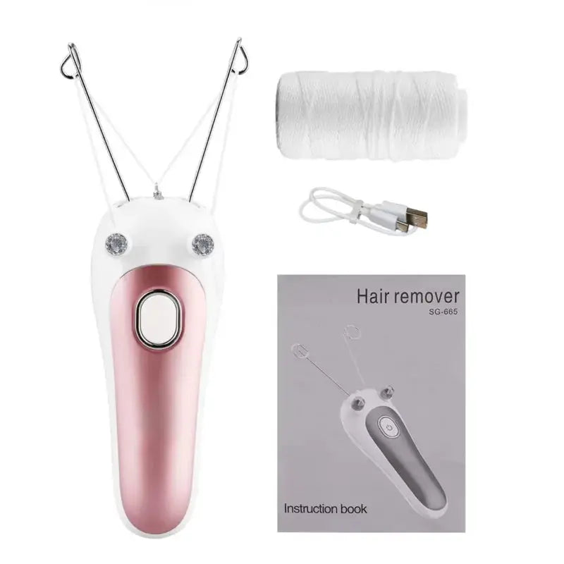 Electric threading epilator for face and body in pink and white, with cotton thread spool, USB cable, manual