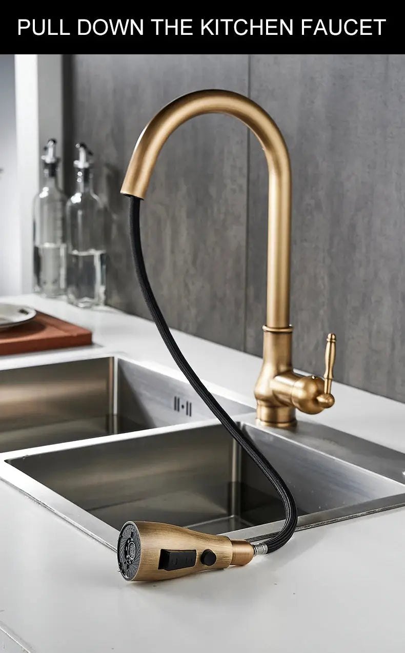 Kitchen faucet Simples Market antique bronze pull-down sprayer with black hose and hot/cold lever