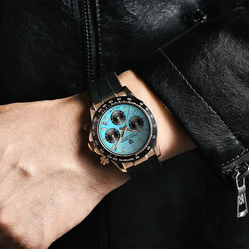 PAGANI DESIGN 40mm V2 sky blue dial chronograph watch with rose-gold stainless steel case and black rubber strap