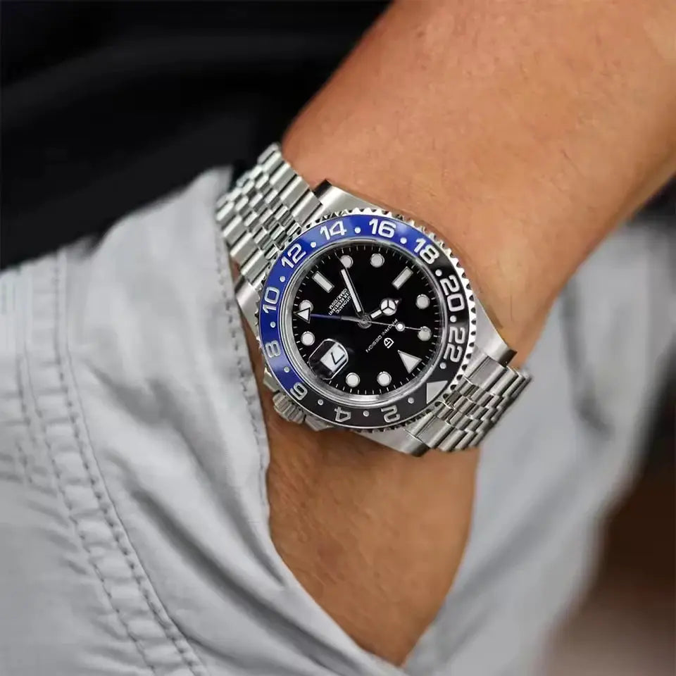 PAGANI DESIGN 40mm automatic GMT wristwatch with stainless steel bracelet, black dial and blue/black bezel