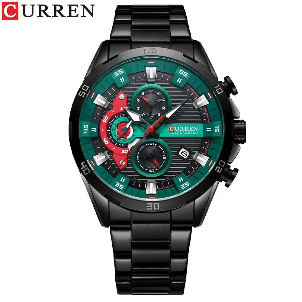 Curren 8402 wristwatch with black stainless steel bracelet, green dial, chronograph and luminous hands