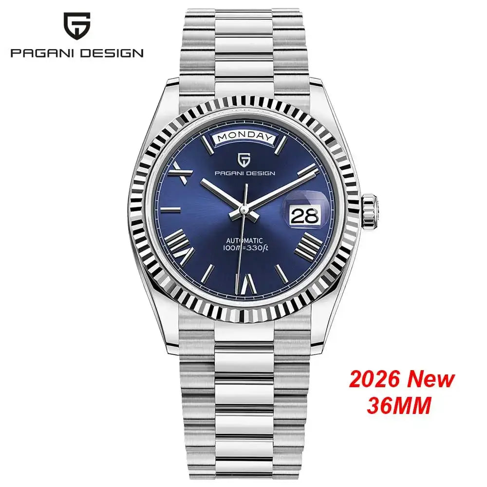 Pagani Design men's automatic watch with blue dial, stainless steel bracelet, day/date window, 36mm.
