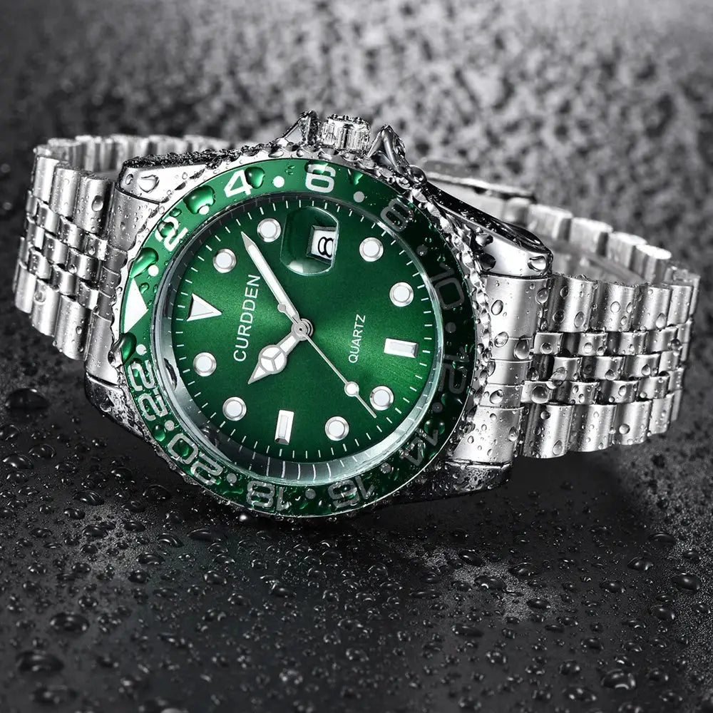Men Calendar Quartz Watch With Green Dial Stainless Steel Band Full Calendar Function Casual Everyday Timepiece