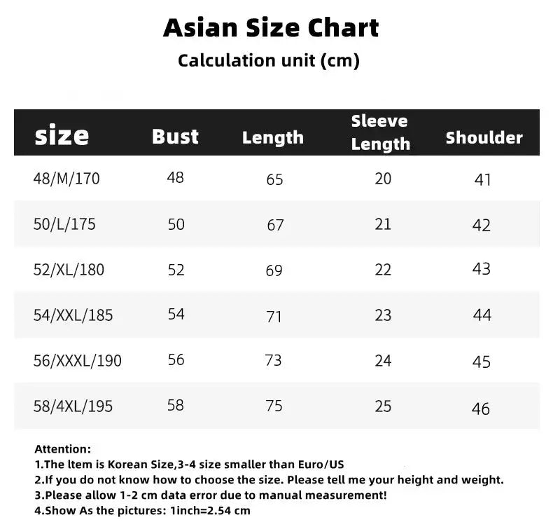 Asian size chart showing bust, length, sleeve length, and shoulder measurements from 48/M/170 to 58/4XL/195