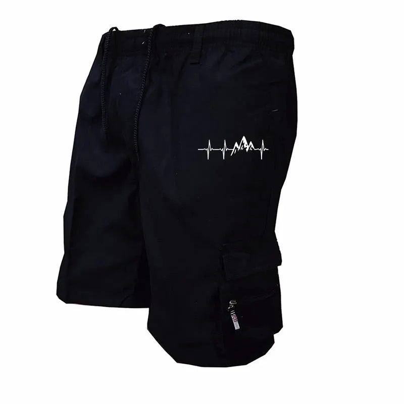 Men's black cargo shorts with drawstring waist, multi-pocket design, white graphic print on the leg, Simples Market