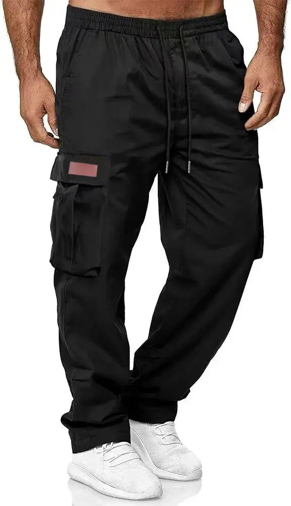 Simples Market men's black cargo work pants with drawstring waist and multiple pockets, including thigh cargo pockets