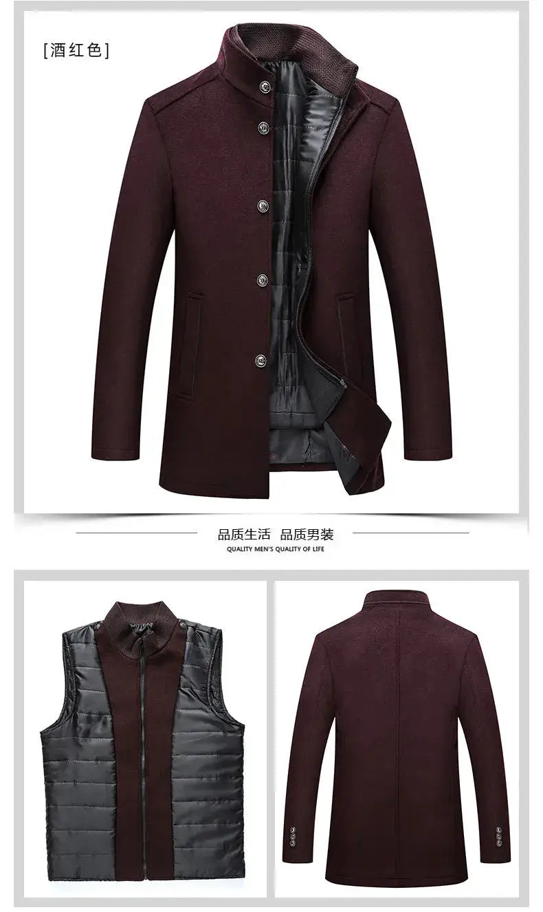 Men's burgundy wool trench coat; 2-piece set with black quilted vest, stand collar and button front.
