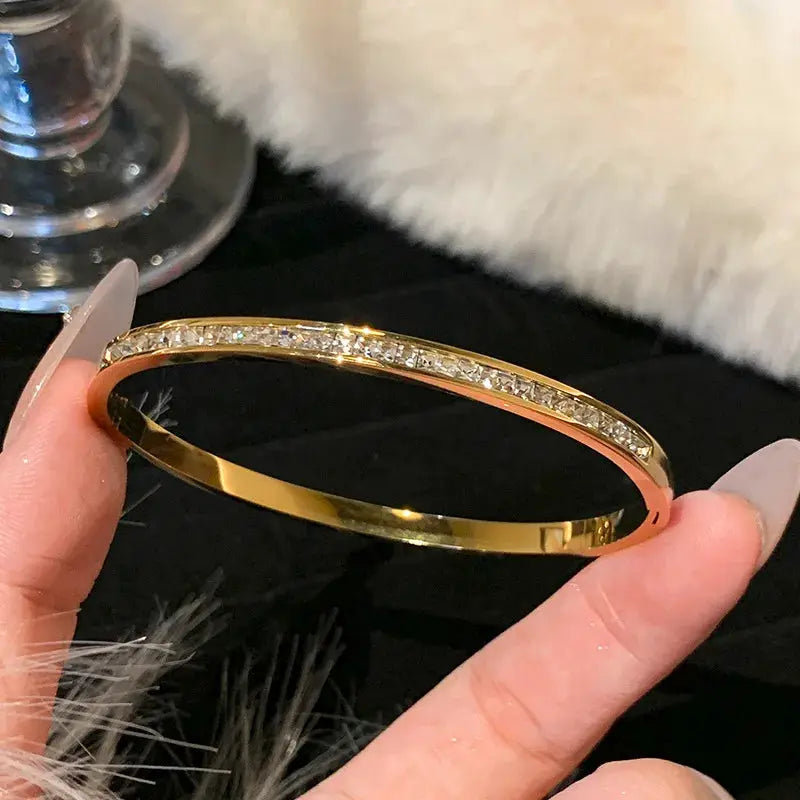 Titanium Steel Bracelet Gold Plated With Zircon Inlaid Classic Simple Style For Womens Daily Wear