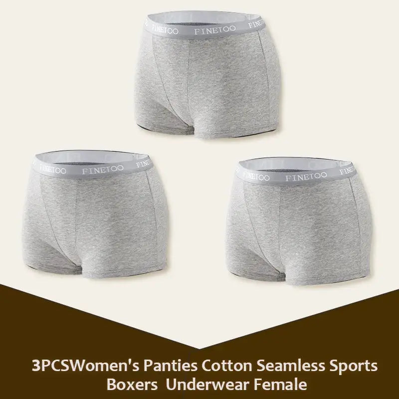 3Pcs women's cotton seamless sports boxers underwear, gray with Finetoo waistband