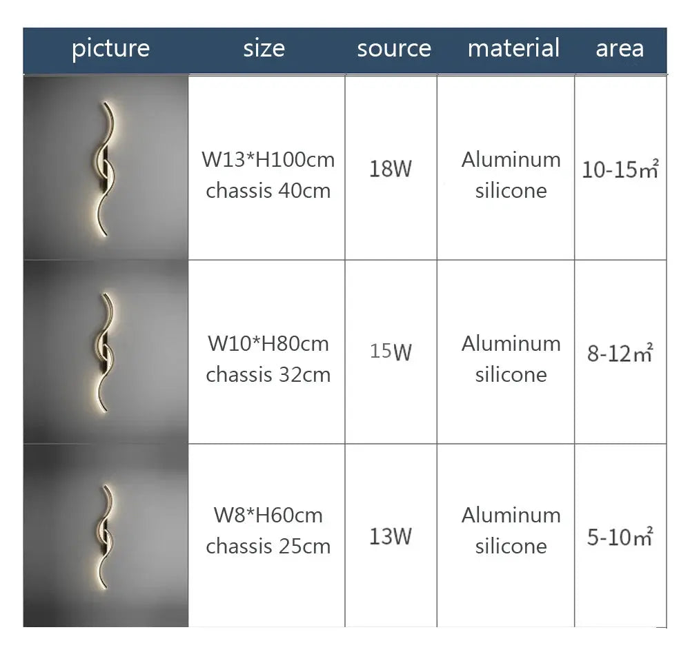 Three modern LED wall lamps with a minimalist curved strip design, aluminum silicone body, available in three sizes.