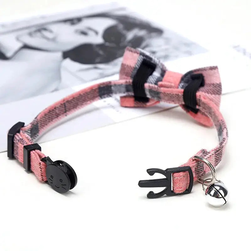 Pet Breakaway Cat Collar With Bow Tie And Bell Plaid Christmas Red Adjustable Elastic For Cats And Small Dogs