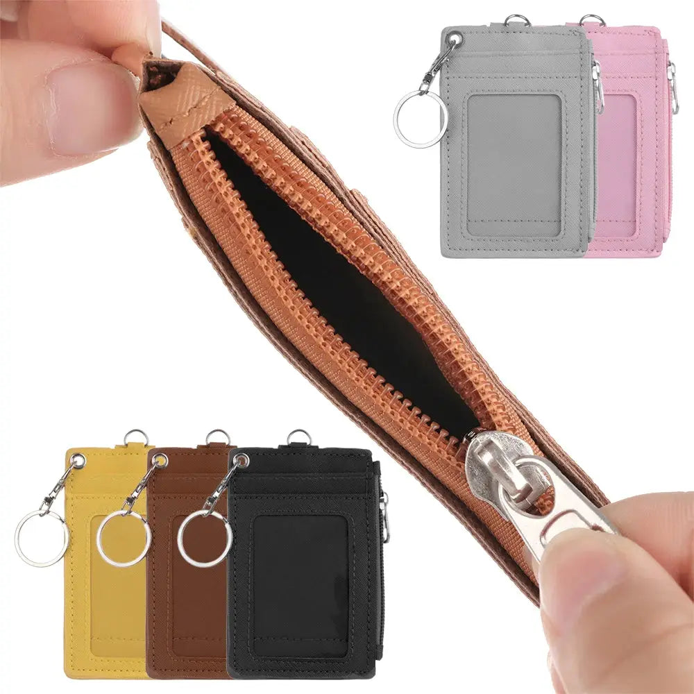 Simples Market PU leather card holder with keyring, zipper pocket; 5-color set (yellow, brown, black, gray, pink)