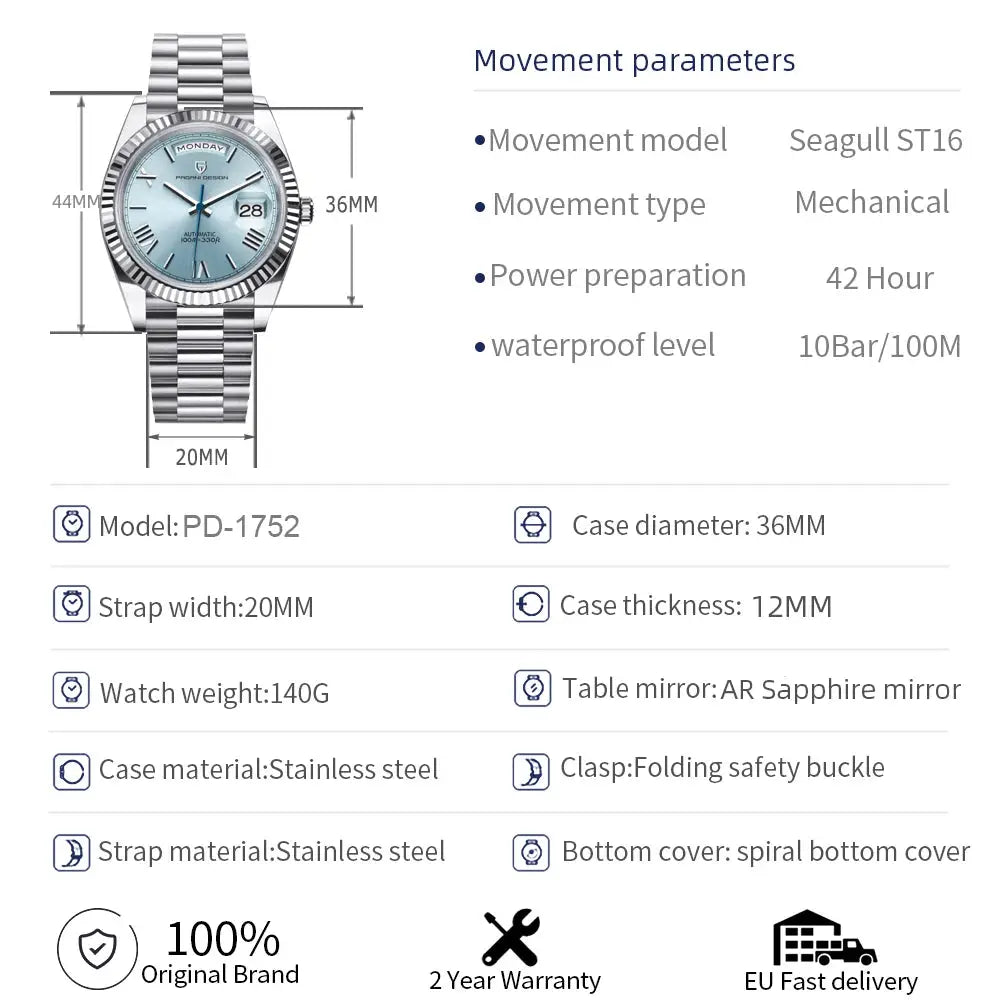 PAGANI DESIGN DD36 PD-1752 stainless steel men's watch with blue dial, day/date, automatic movement, AR sapphire glass