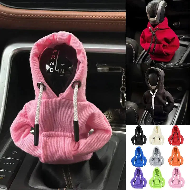 Simples Market gear shift hoodie cover in pink on a car gear lever; part of a 12-color hoodie cover assortment.