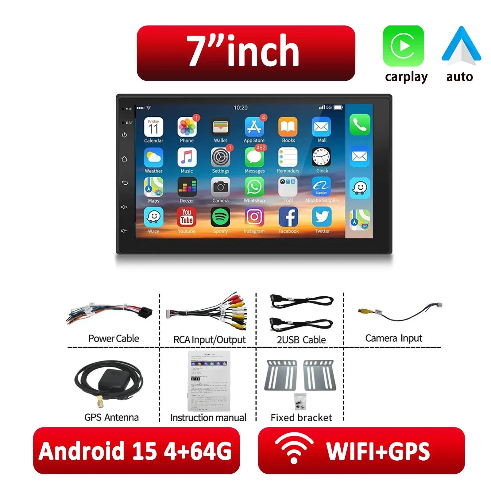 ESSGOO 7-inch Android 15 car stereo with CarPlay/Android Auto, black 2-DIN touchscreen, includes cables and brackets