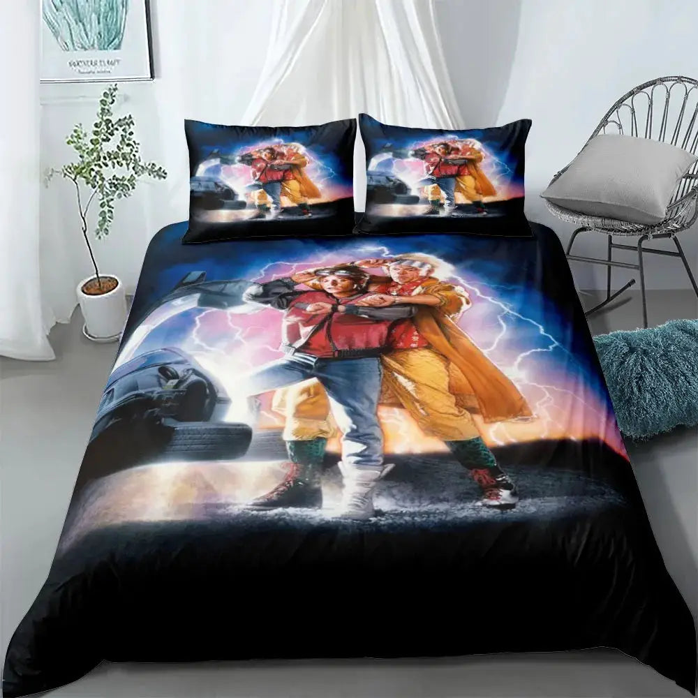 Strange Duvet Cover Set by Simples Market; black background with bold retro graphic on duvet and two pillowcases.