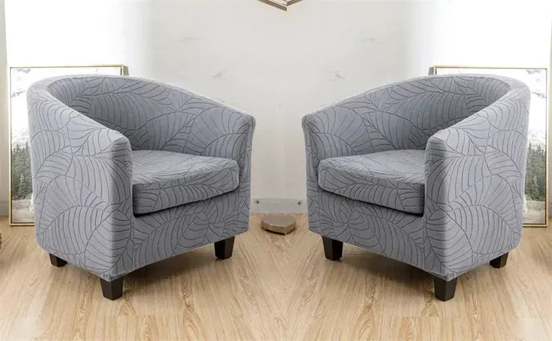 Leaves Jacquard tub chair slipcovers in light gray anti-dirt stretch fabric, set of two.