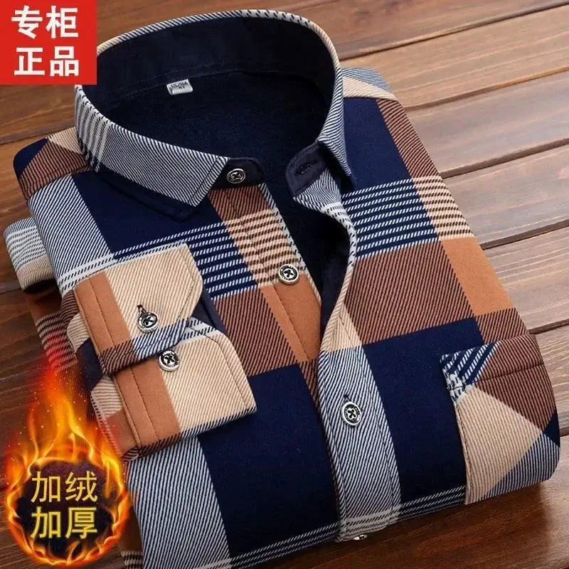 Simples Market men's plaid long-sleeve shirt, navy and tan check, thick warm fleece-lined fabric