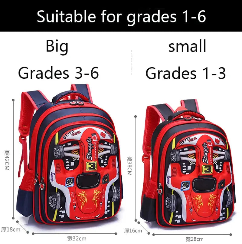 Simples Market waterproof lightweight 3D car backpack for kids, red/blue, two sizes for grades 1–3 and 3–6.