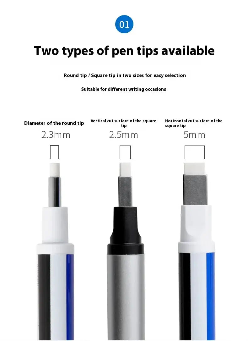 Tombow precision eraser pen by Simples Market with three tips: round 2.3mm and square 2.5/5mm; white/blue and metallic barrels.
