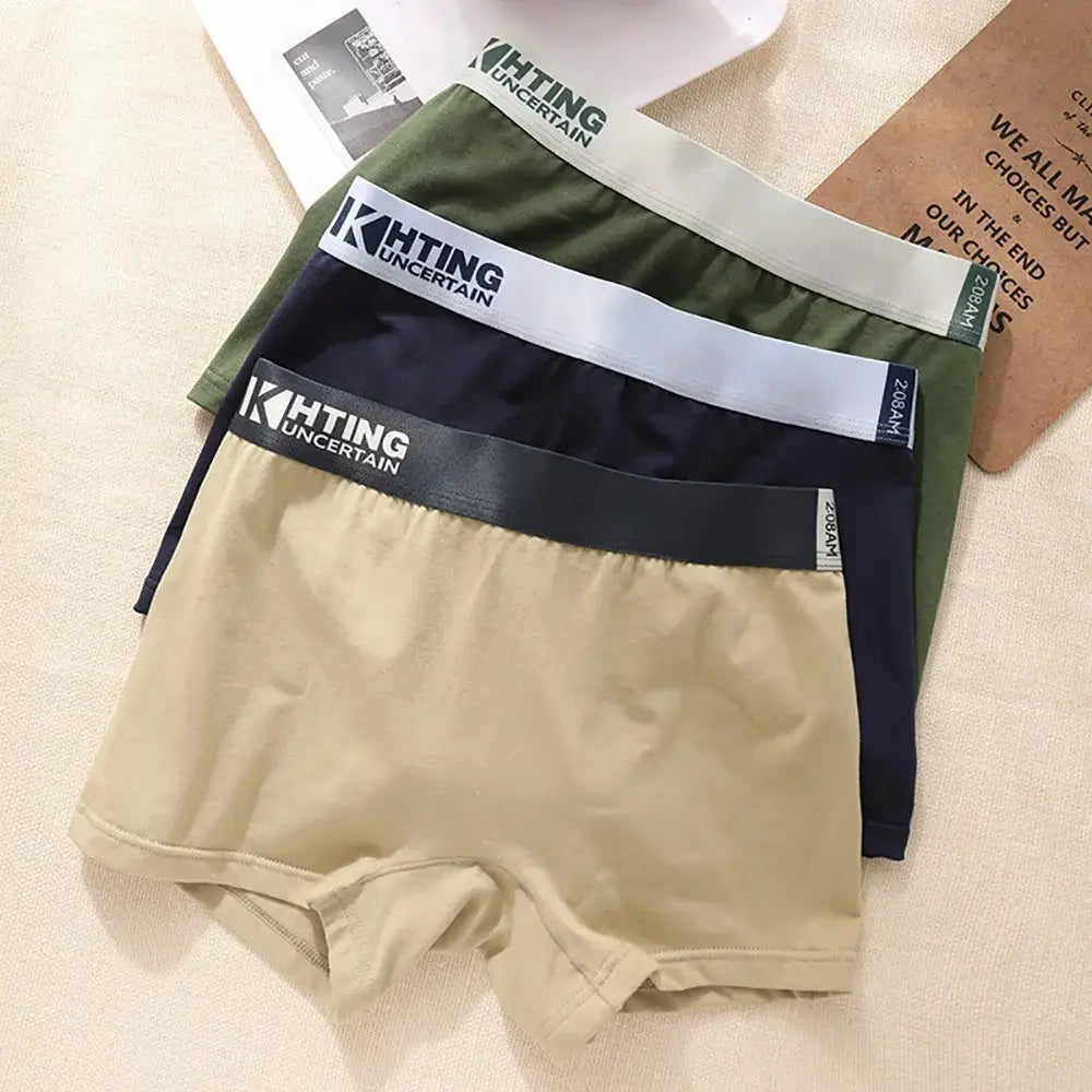 3PCS Simples Market cotton breathable antibacterial women's panties with KHTING waistband; beige, navy, olive green.