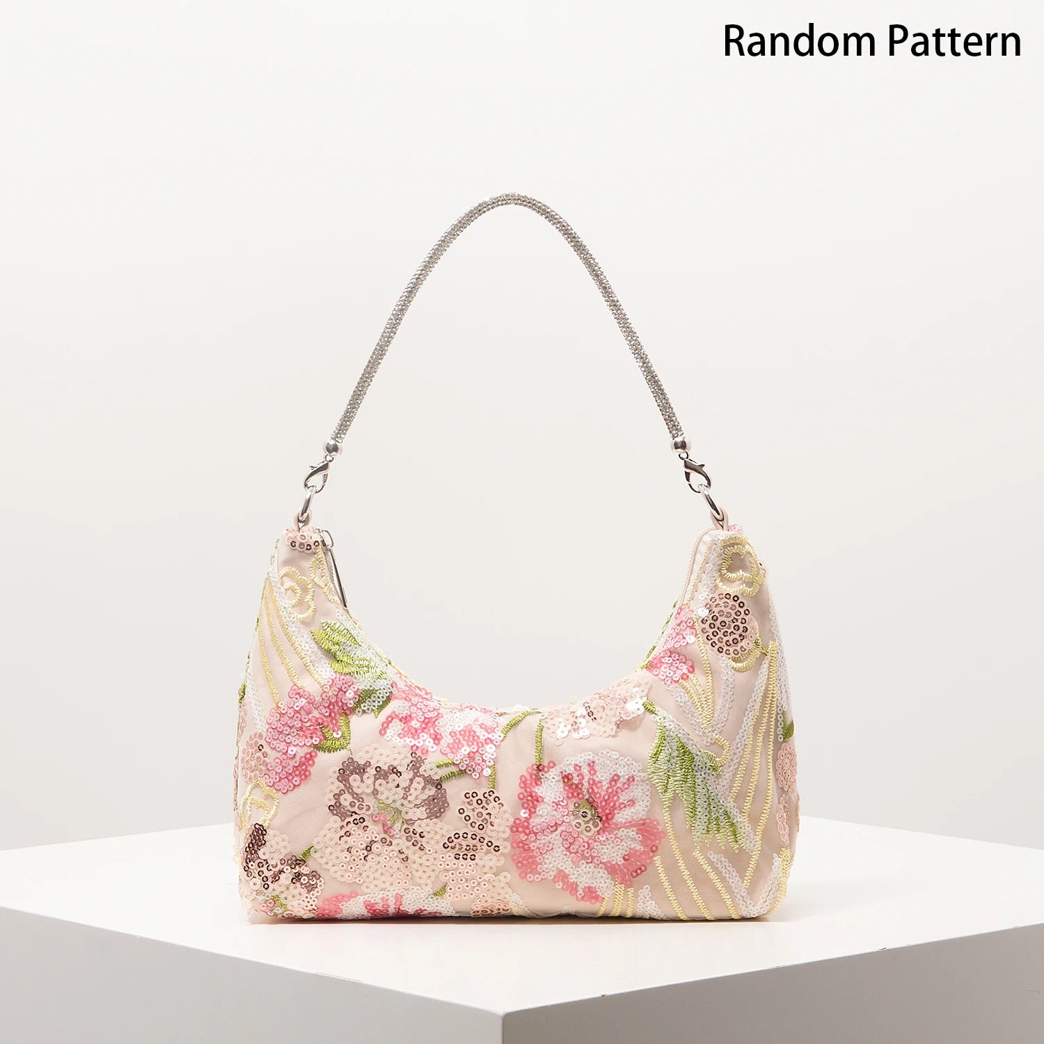Shoulder bag with pink floral embroidery and sequins, silver chain strap, Simples Market