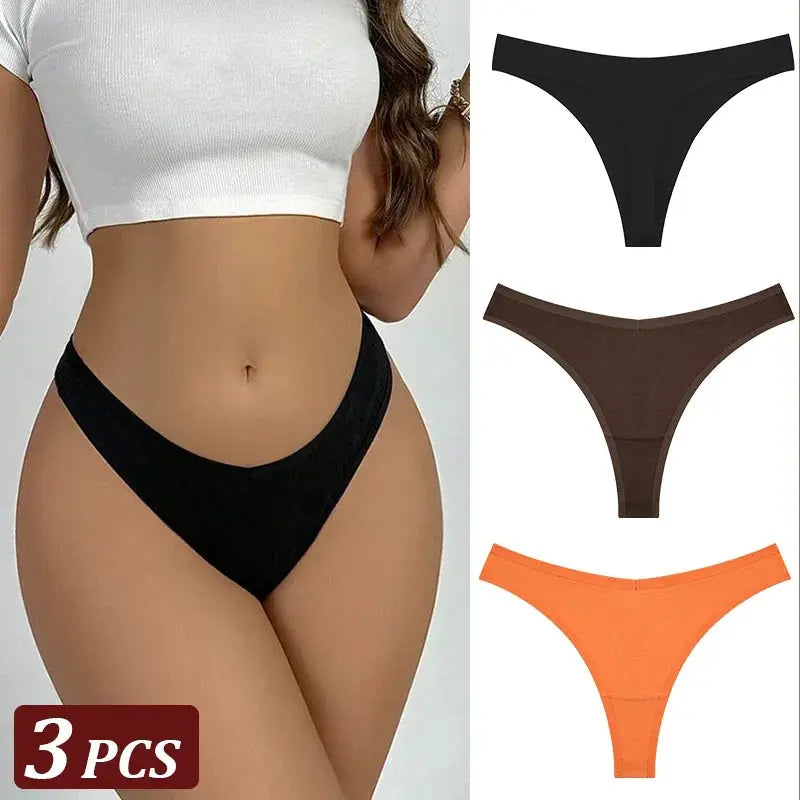 3-piece seamless cotton thong set; low-rise T-back underwear in black, brown and orange