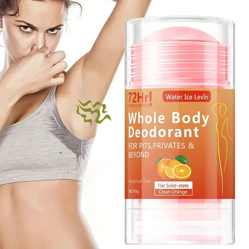 Full-Body Deodorant Stick by Simples Market, 45g aluminum-free with orange extract for daily use and travel.