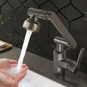 Simples Market dual-mode rotating faucet with robotic arm, brushed metal finish delivering water into sink