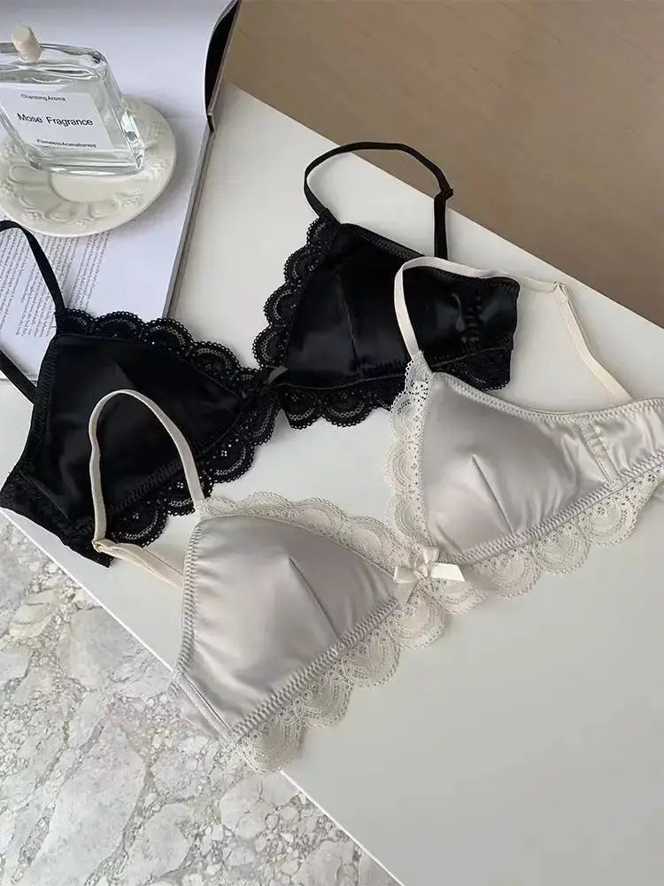 SP&CITY triangle-cup lace bra set in black and ivory satin with scalloped lace, 2 pcs