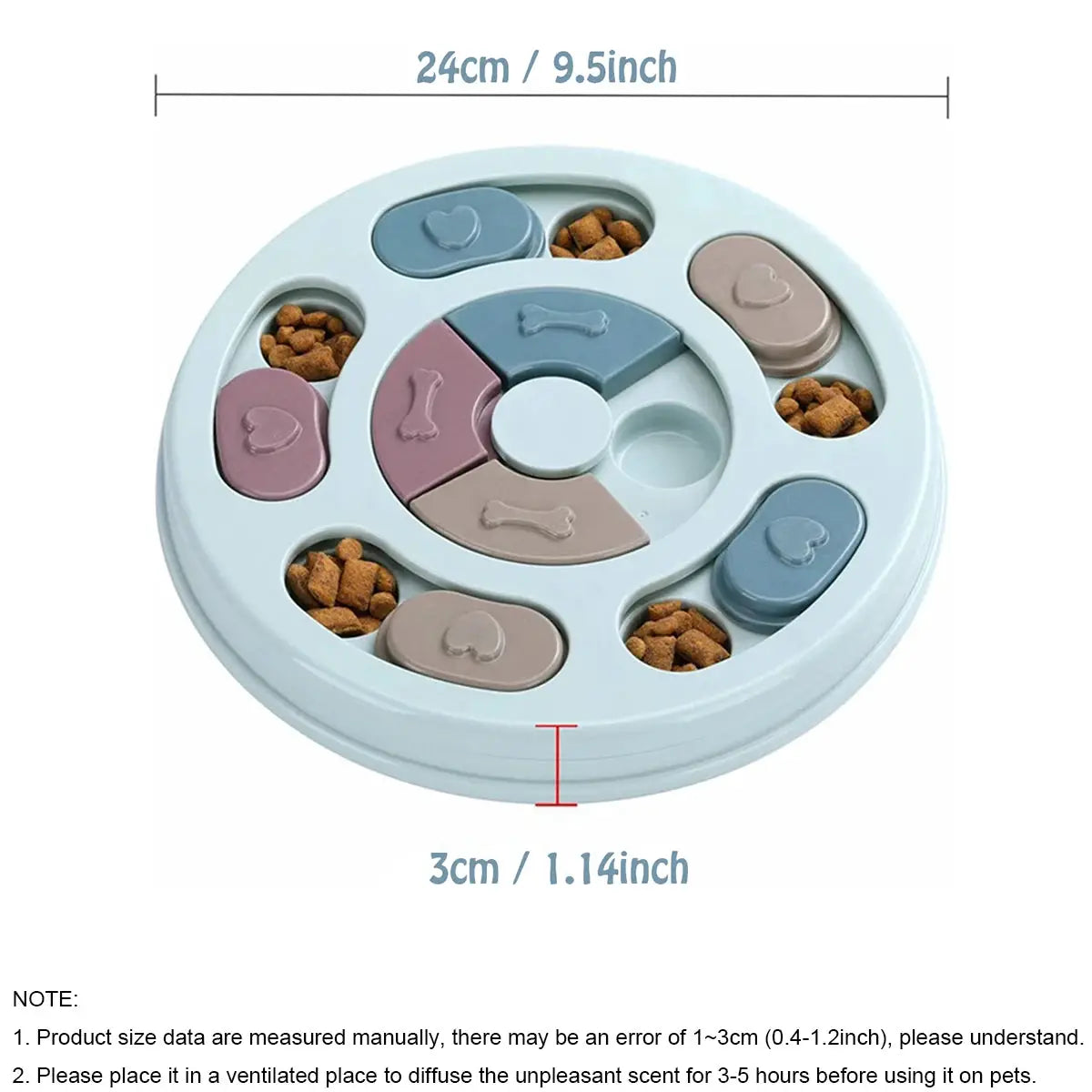Dog Food Hiding Bowl by Simples Market, slow-feeder puzzle toy with pastel blue base and colored segments